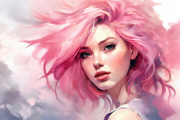 Portrait of a beautiful young woman with curly pink hair