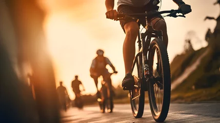 Foto op Plexiglas Blur photo sports man ride bicycles with speed motion on the road in the evening with sunset sky. Summer outdoor exercise for healthy and happy life. Cyclist riding mountain bike on bike lane. Team. © Ziyan