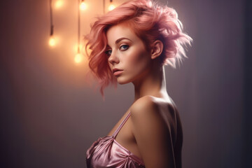 Portrait of a beautiful young woman with curly pink hair