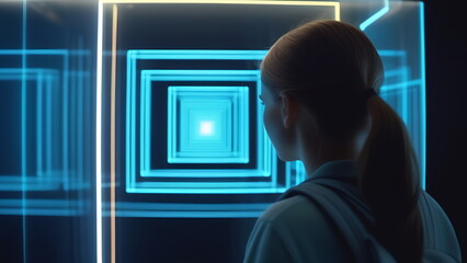 A girl in a gray sweatshirt with pigtailed hair looks at the hologram square