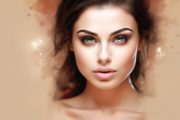 Beautiful model girl with long wavy and shiny hair. Brunette woman with curly hairstyle