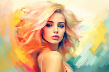 Portrait of a young beautiful girl with dyed hair. Watercolor illustration