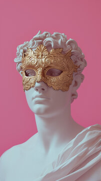 Roman statue of a man with golden mask on his face, on the pink background. Venice carnival minimal concept