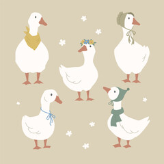 Geese in different poses. Poultry character. Dressed cute geese. Farm birds collection