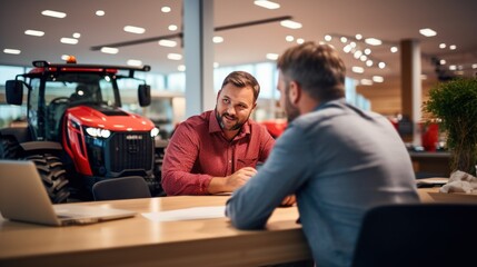 Sales consultant concludes contract with customer in tractor showroom