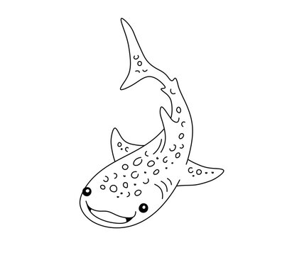 Vector isolated one single cute cartoon smiling happy whale shark side view colorless black and white contour line easy drawing	