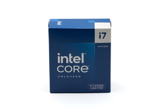 Intel Core I7-14700K processor packed in a box on white background