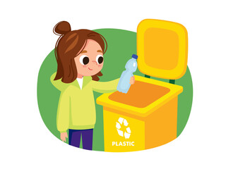 Girl, kid sorting waste, throw bottle into the garbage bin. Eco friendly recycling illustration. Child doing waste sorting. Environmental protection.