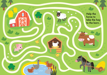 Obraz na płótnie Canvas Vector colorful maze, labyrinth for children with cartoon animal characters, country background, farm, pets. Kids maze with way passing through countryside background. Puzzle game.