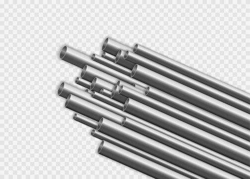 Aluminum pipes stack, straight steel, copper, metal or pvc plumbing cylinders on background. Industrial pieces of pipelines for conduit, factory or construction works. Steel tubes vector design