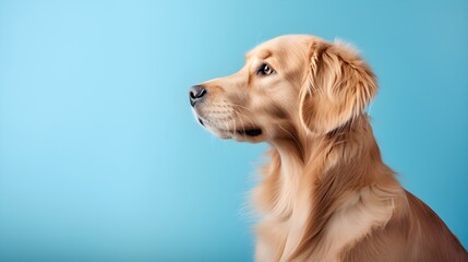 Obraz premium Golden retriever dog portraits on pink light background. Blank space for copy text.