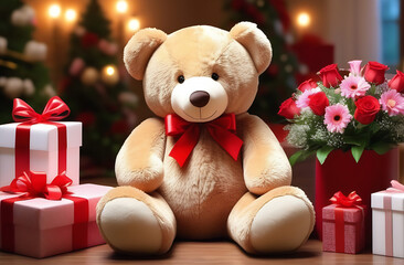 Beautiful fluffy fur toy teddy bear with hearts, presents and flowers roses for the happy Valentine's Day on the 14th of February Birthday