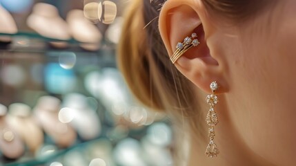 Earrings in a woman's ear at a jewelry store - obrazy, fototapety, plakaty