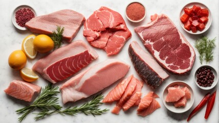 Top view of different raw meats and fish on white background, carnivore diet concept.   generative, AI.