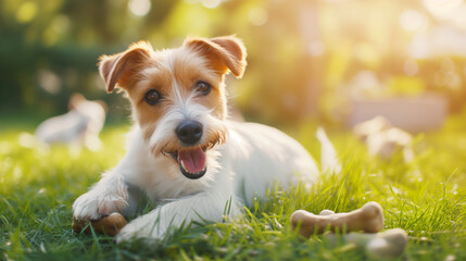 "Joyful Jack Russell Terrier Playing Outdoors in the Sunlit Grass with a Bone Nearby, Bokeh Background"