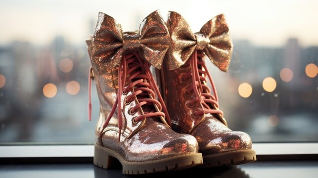 Gold lace-up boots with bows. The trend for bows in 2024. Shoes with bows