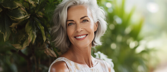 Portrait of a beautiful mature woman against a background of green plants. The concept of skin care, the menopause period. - obrazy, fototapety, plakaty
