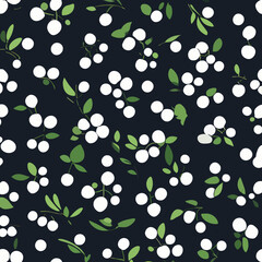 Seamless pattern with leaves and white berries