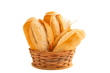 Fresh baked flour bread inside a bamboo basket in a white clean background in front view png photo