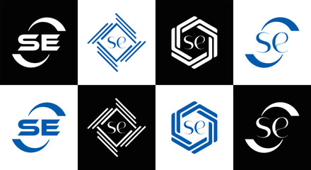 SE logo. S E design. White SE letter. SE, S E letter logo SET design. Initial letter SE linked circle uppercase monogram logo. S E letter logo SET vector design. SE letter logo design five style.	
