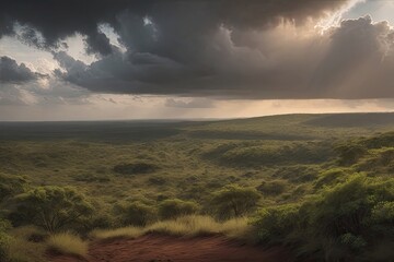 Serene sunrise over vast mountain landscape with endless sky