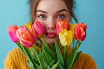 Obraz na płótnie Canvas Portrait of stylish young woman hiding her face behind bouquet of white tulips. The concept of spring, International Women's Day, March 8. Advertising perfume, flower shop