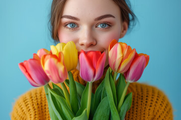 Portrait of stylish young woman hiding her face behind bouquet of white tulips. The concept of spring, International Women's Day, March 8. Advertising perfume, flower shop