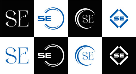SE logo. S E design. White SE letter. SE, S E letter logo SET design. Initial letter SE linked circle uppercase monogram logo. S E letter logo SET vector design. SE letter logo design five style.	
