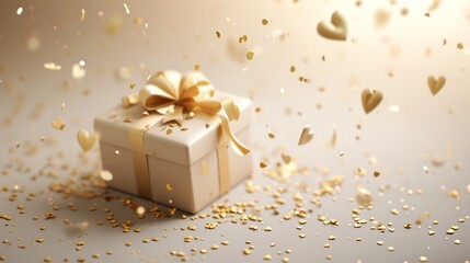 Gift box and heart confetti. Generative AI