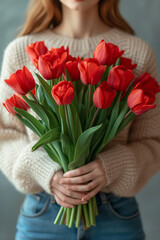 Woman with bouquet of red tulips in her hands. Spring Flower Concept, International Women's Day, March 8th