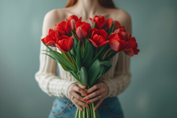 Fototapeta na wymiar Woman with bouquet of red tulips in her hands. Spring Flower Concept, International Women's Day, March 8th