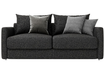 Modern gray fabric sofa with pillows isolated on white background. Furniture Collection. 