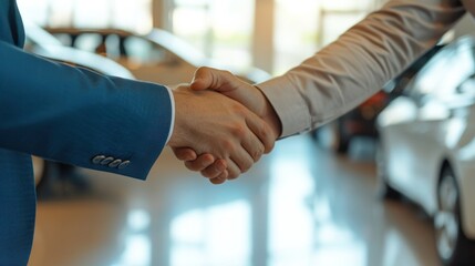 Sales consultant shaking hands with customer in car showroom