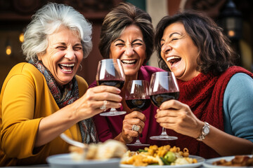 Happy senior women drinking red wine at bar restaurant
