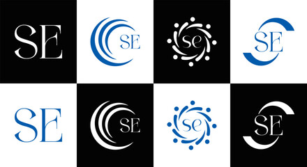 SE logo. S E design. White SE letter. SE, S E letter logo SET design. Initial letter SE linked circle uppercase monogram logo. S E letter logo SET vector design. SE letter logo design five style.	
