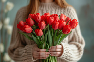 Woman with bouquet of red tulips in her hands. Spring Flower Concept, International Women's Day, March 8th