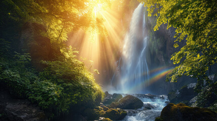 Stunning jungle waterfall view with bright sunlight creating a rainbow in the mist