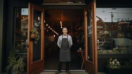 A personal and inviting scene featuring a small business owner standing at the entrance, looking directly at the camera