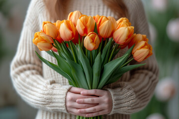 Woman with bouquet of yellow tulips in her hands. Spring Flower Concept, International Women's Day, March 8th