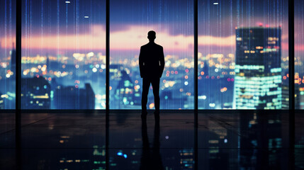 "Future Planning: Pensive Businessman Silhouette with Reflective Cityscape of Progress and Opportunity"