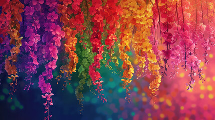 Elegant colorful with vibrant flower hanging branches illustration background. Bright color 3d abstraction wallpaper for interior mural, Generated by AI	