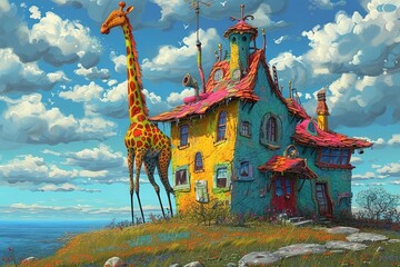 Giraffe House Painter with a long neck reaching high walls, expertly painting vibrant colors on a house, cartoon anime manga caricature