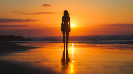 "Serenity at Seashore: Silhouette of a Woman Standing Alone on the Beach at Sunset"