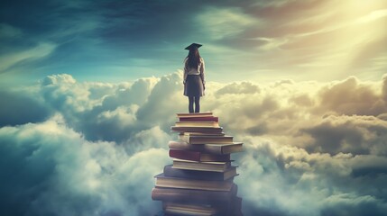 Sky-High Education fantasy girl standing on a pile of books high in the sky, surrounded by clouds. symbolizes the limitless possibilities and heights achievable through education