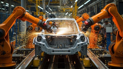 Automotive Creation Car assembly process at the plant, showcasing the integration of robotics and human workers in automotive production