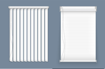 Horizontal, vertical closed and open blinds for office rooms. Set of horizontal and vertical blinds for window, element interior. Realistic closed window shutters, front view.