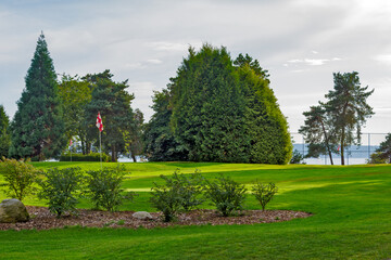 Scenic view of a golf field with checkered flags