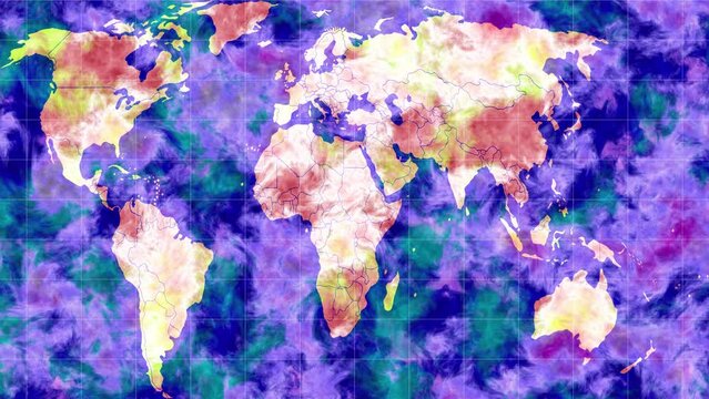 World map with global temperature changes. Global warming concept. Map of temperature and weather in different regions of the earth. Tropical cyclones, strong hurricanes, intense precipitation. 4K ani
