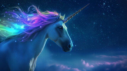 "Majestic Unicorn with a Shimmering Rainbow Mane under a Starlit Sky: Enchanted Mythical Creature in Cosmic Ambiance"