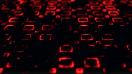 Abstract technology background of neon red elements changing shapes with bokeh effect. Computer virus or internet system hacking concept. Computer virus attack, cybersecurity, software hack. 4k.